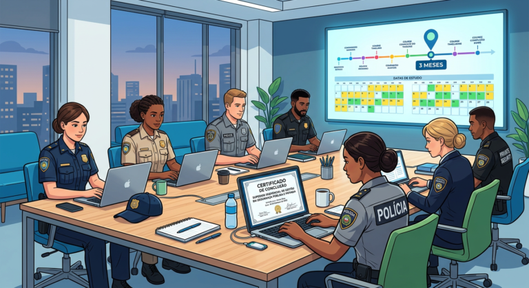 Police officers and private security professionals learning online with a digital certificate displayed on a laptop screen, symbolizing accelerated higher education in public and private security management.