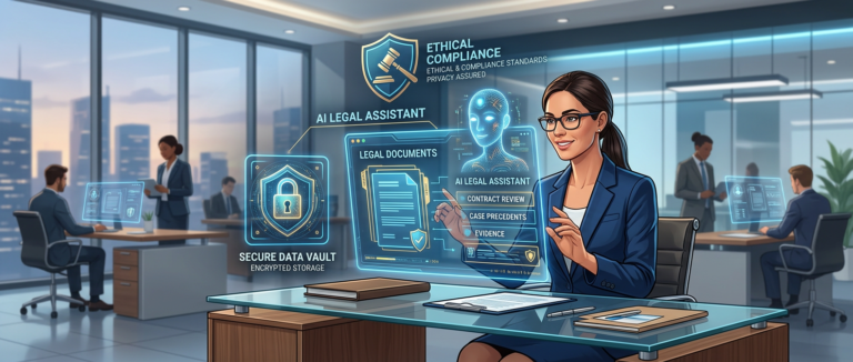 Law office with AI assistant managing digital legal documents and ensuring data security
