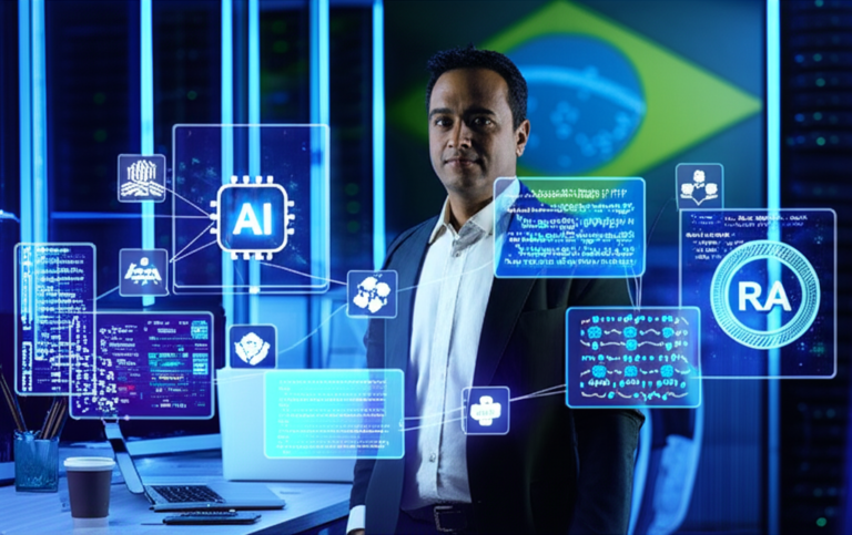 Alberto Luiz em um escritório tecnológico com gráficos holográficos de IA, redes neurais e código, representando a especialização em Engenharia de IA.