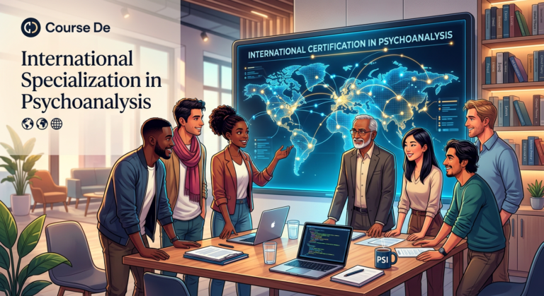 Ilustração de profissionais de psicanálise em um ambiente de aprendizado internacional, com mapa global e certificações digitais