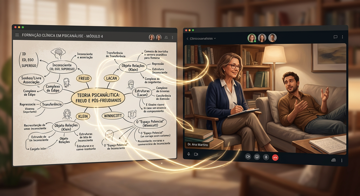 Sala de aula virtual de psicanálise clínica com mapa mental e sessão de análise, simbolizando conexões lentas do inconsciente.