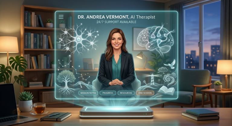 Holographic AI therapist interface featuring Dr. Andrea Vermont in a study setting