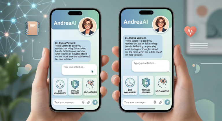 AndreaAI mobile app interface showing a chatbot avatar of Dr. Andrea Vermont, with icons for 24/7 support, privacy, and self‑analysis.