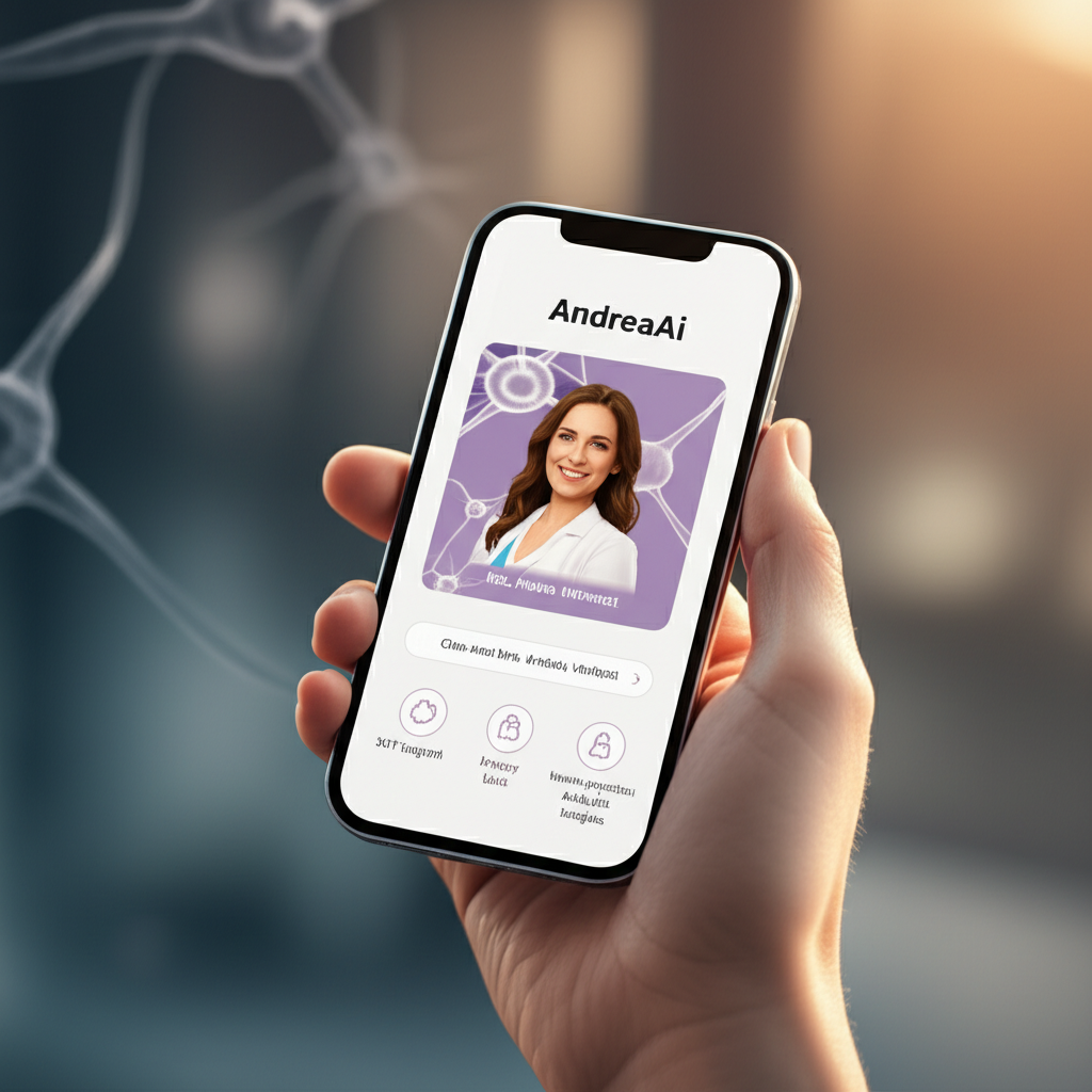 Tela do aplicativo AndreaAi em um smartphone, destacando design minimalista, ícones de suporte 24/7, privacidade e símbolos neuro‑psicanalíticos.