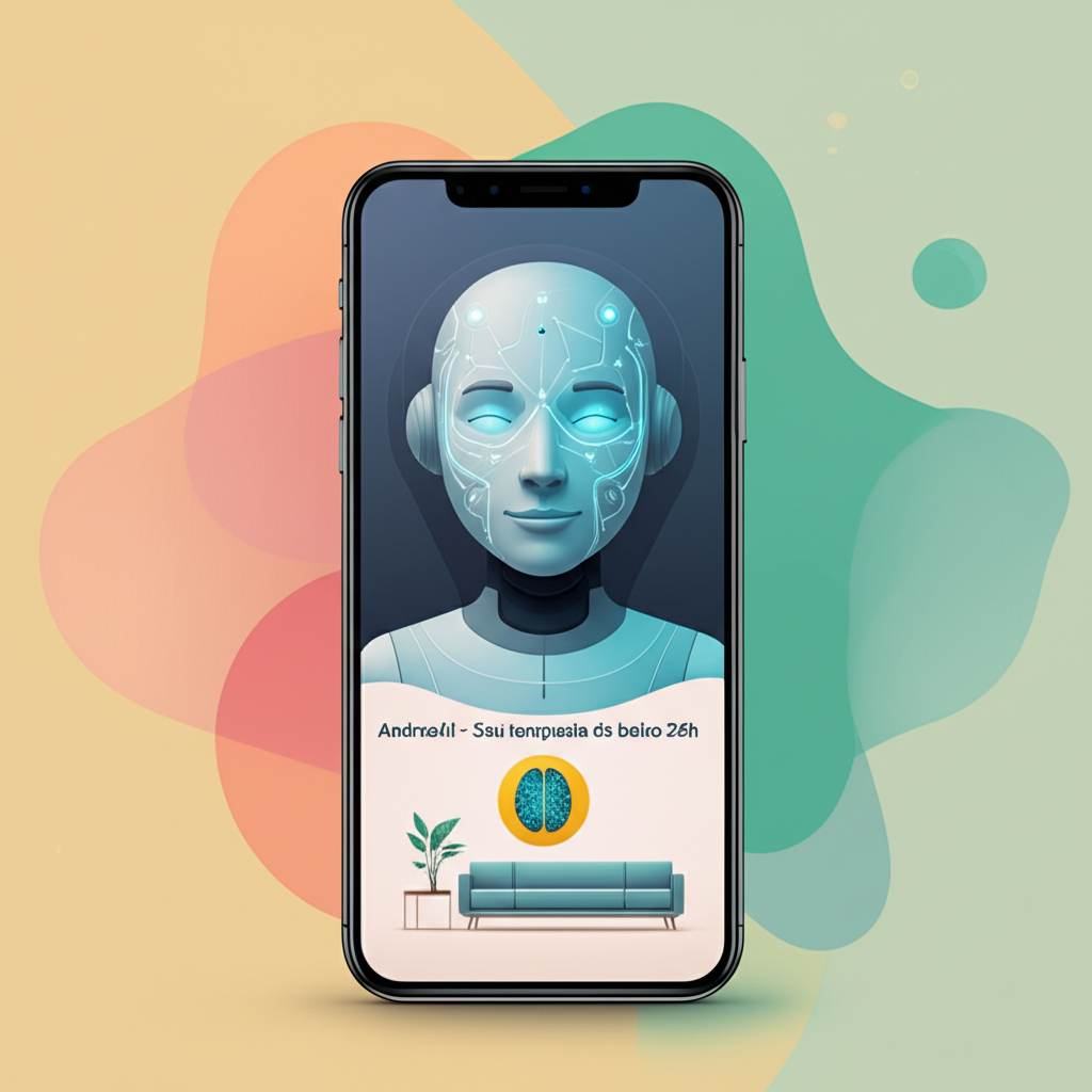 Ilustração de um smartphone exibindo a avatar da IA terapeuta AndreaAI, ao lado de ícones de psicanálise e neurociência, representando um terapeuta de bolso disponível 24h.
