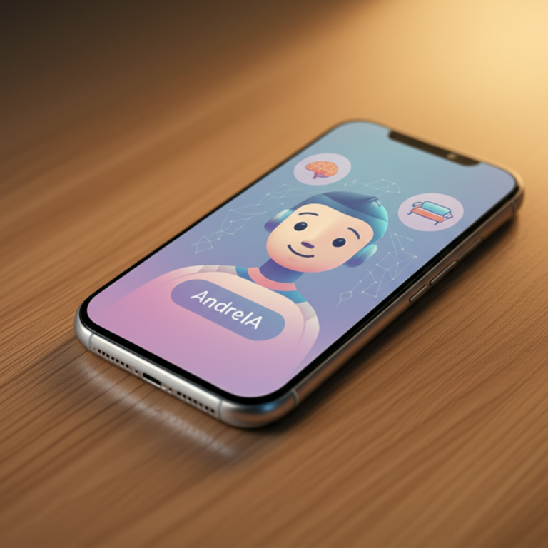 Smartphone exibindo a interface da IA AndreIA, com avatar acolhedor, ícones de cérebro, sofá psicanalítico e redes neurais.