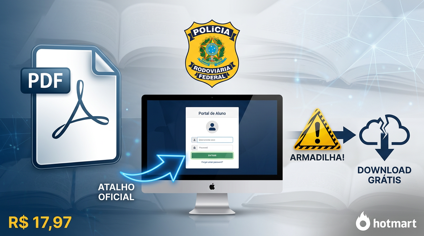 Thumbnail for Apostila PRF Atualizada article showing a PDF icon, PRF badge, login screen, warning sign, price and Hotmart logo.