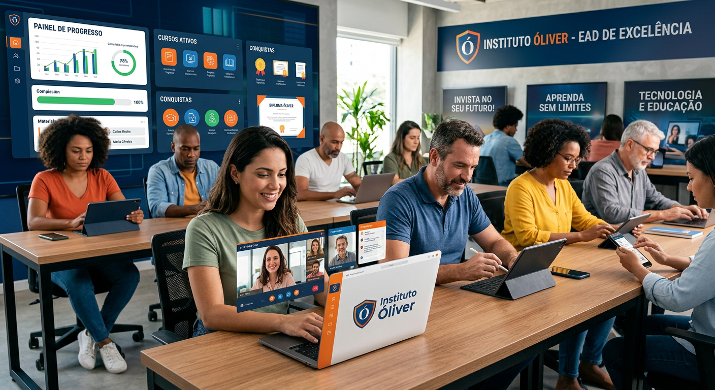Alunos adultos aprendendo em plataforma EAD do Instituto Óliver