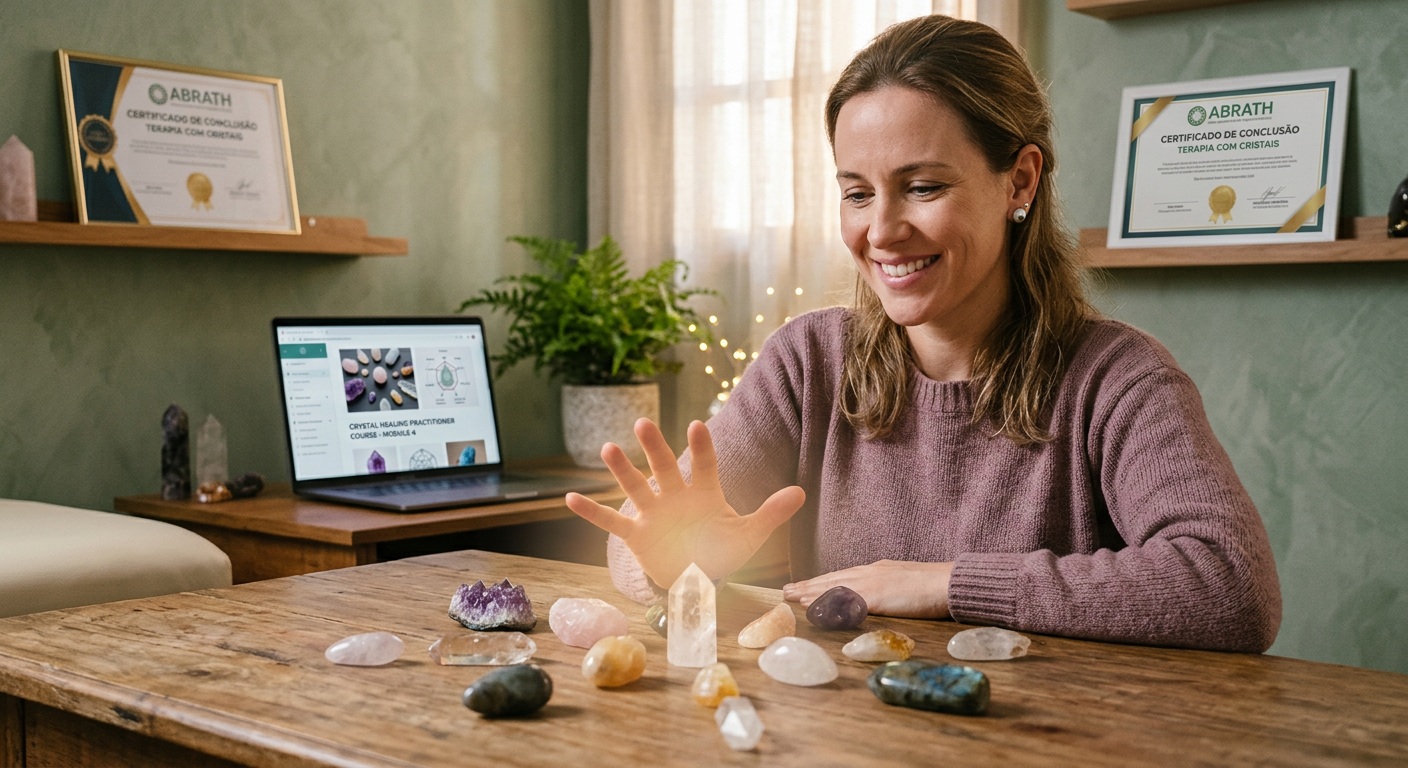 Mulher estudando cristaloterapia online, cercada por cristais coloridos e um laptop, com um certificado ABRATH visível ao fundo.