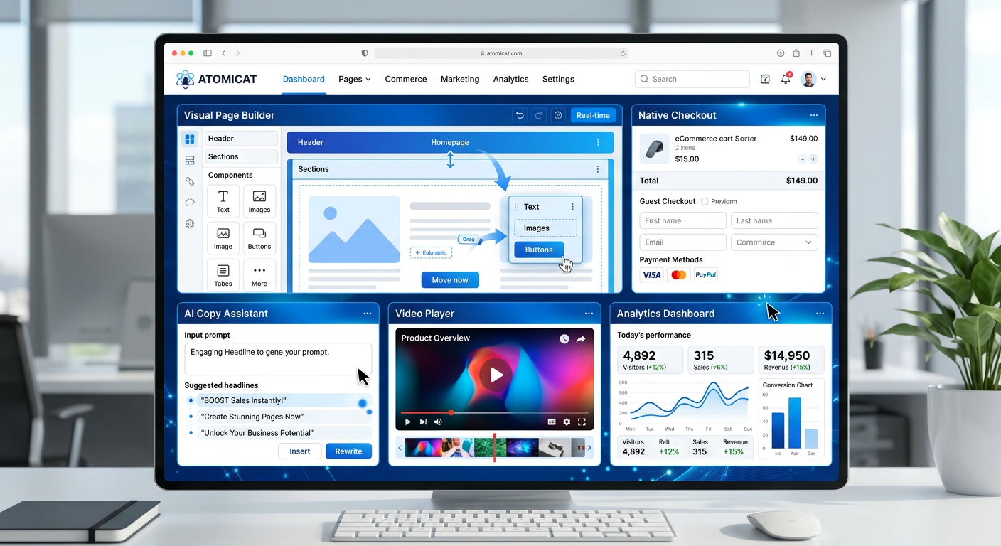 Interface da plataforma Atomicat exibindo construtor visual, checkout, IA e player de vídeo em um único painel