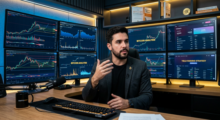 Augusto Backes ensinando sobre Bitcoin e criptomoedas, rodeado por gráficos de análise técnica, dados financeiros e plataformas DeFi em monitores.