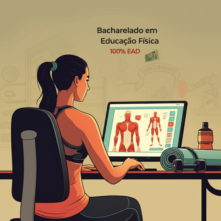 Jovem em roupas esportivas estudando bacharelado em Educação Física 100% EAD no laptop, com equipamentos de academia ao fundo.