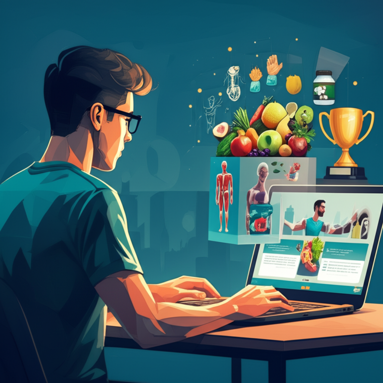 Estudante de Educação Física em curso EAD, com laptop aberto, cercado por ícones de anatomia, nutrição e liderança.