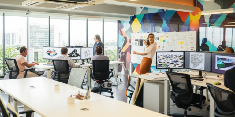 Interior do escritório da Academia Doma Arquitetura em São Paulo, com equipe de arquitetos trabalhando em mesas modernas, telas digitais exibindo projetos e um mural criativo ao fundo.