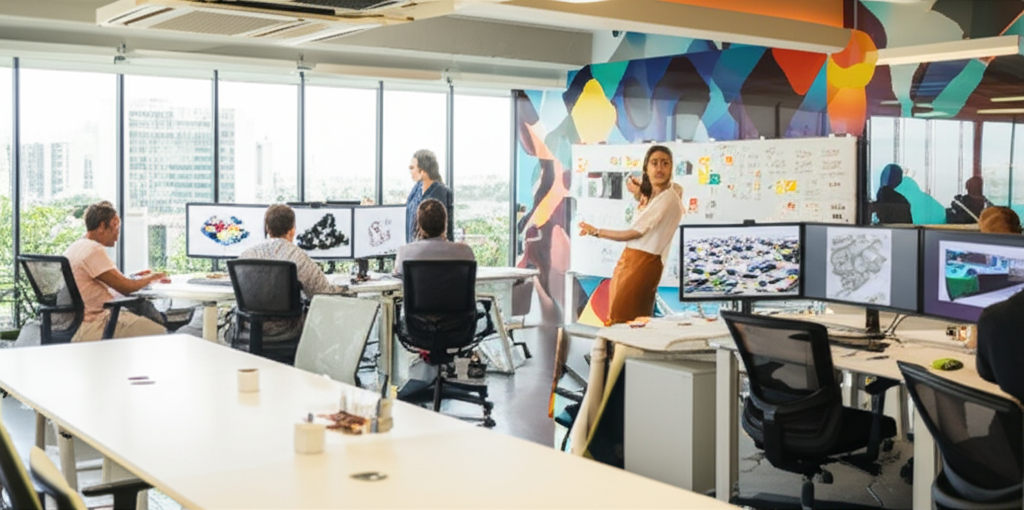 Interior do escritório da Academia Doma Arquitetura em São Paulo, com equipe de arquitetos trabalhando em mesas modernas, telas digitais exibindo projetos e um mural criativo ao fundo.