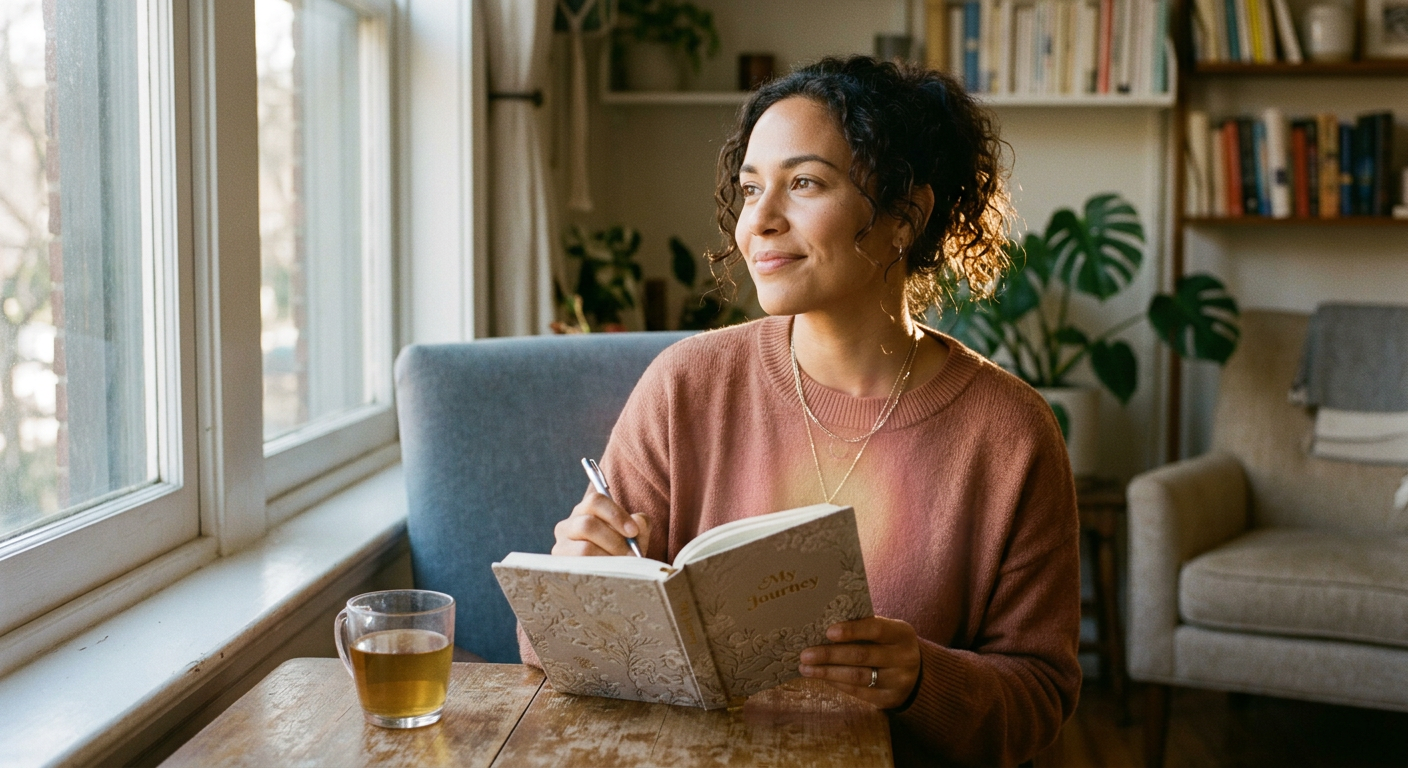 Mulher serena e empoderada escrevendo em um diário, simbolizando a jornada de autoconhecimento, autoestima e bem-estar emocional promovida pelo curso Bem Me Quero de Pamela Magalhães.
