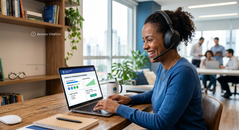 Pessoa confiante e sorrindo, usando fones de ouvido e aprendendo inglês em um laptop, representando o curso Beway Idiomas Jonas e seu acesso vitalício.