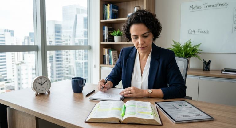 Um gestor/a profissional estudando a Bíblia e materiais digitais em uma mesa organizada, simbolizando o aprendizado eficiente das escrituras para líderes ocupados.