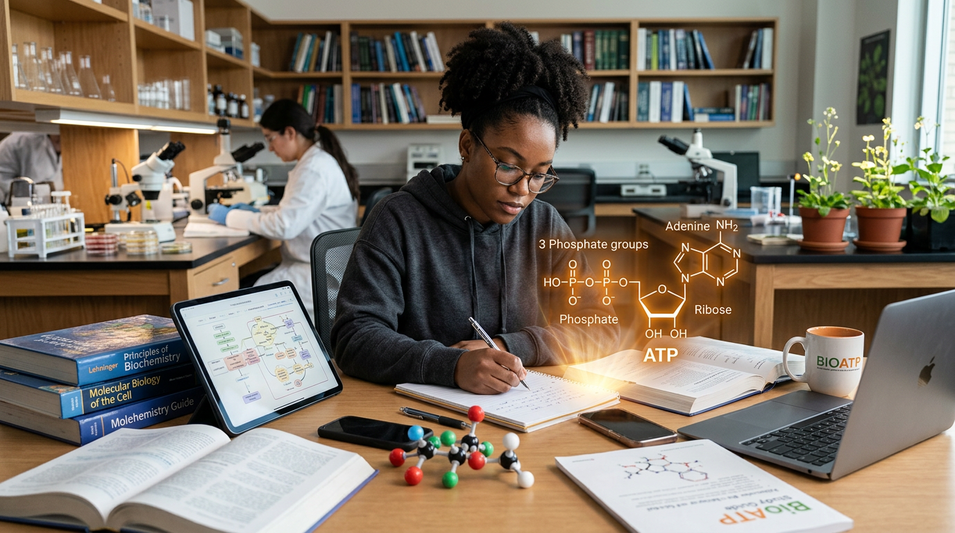 Student studying biology with ATP molecule illustration, representing the BioATP course