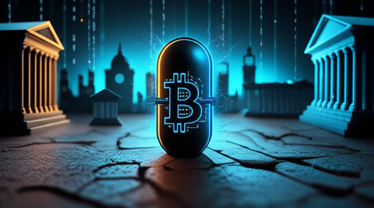 Pílula preta com símbolo do Bitcoin sobre fundo distópico, representando a saída do sistema financeiro tradicional.