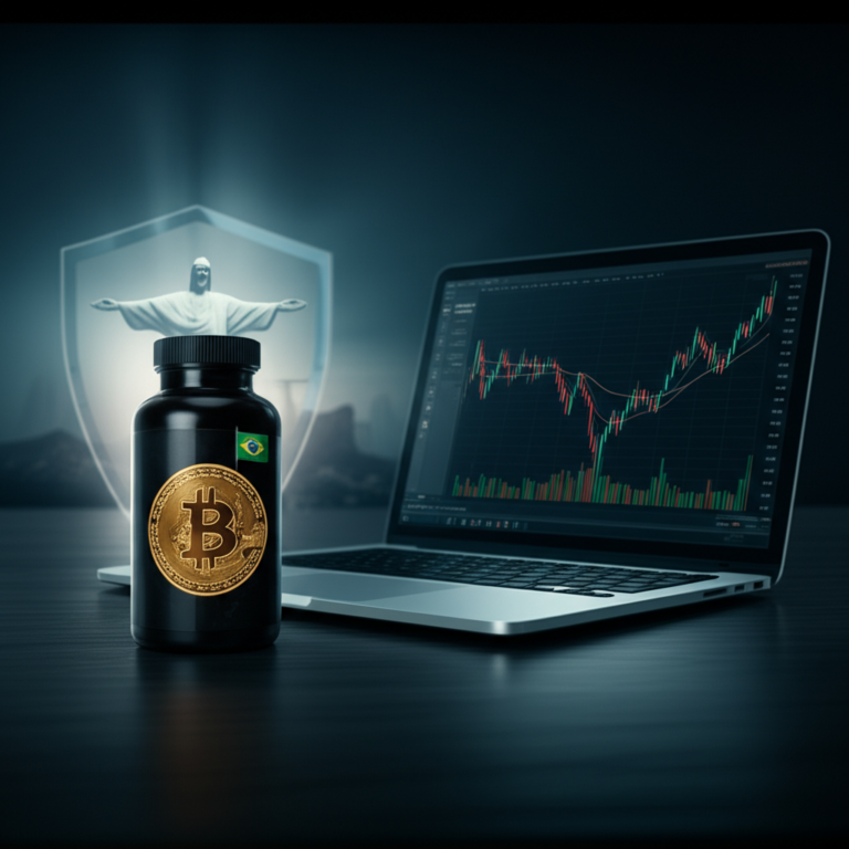 Ilustração de um frasco de pílula preta com o logo do Bitcoin ao lado de um laptop mostrando gráficos, simbolizando análise de confiabilidade do treinamento Bitcoin Black Pill.