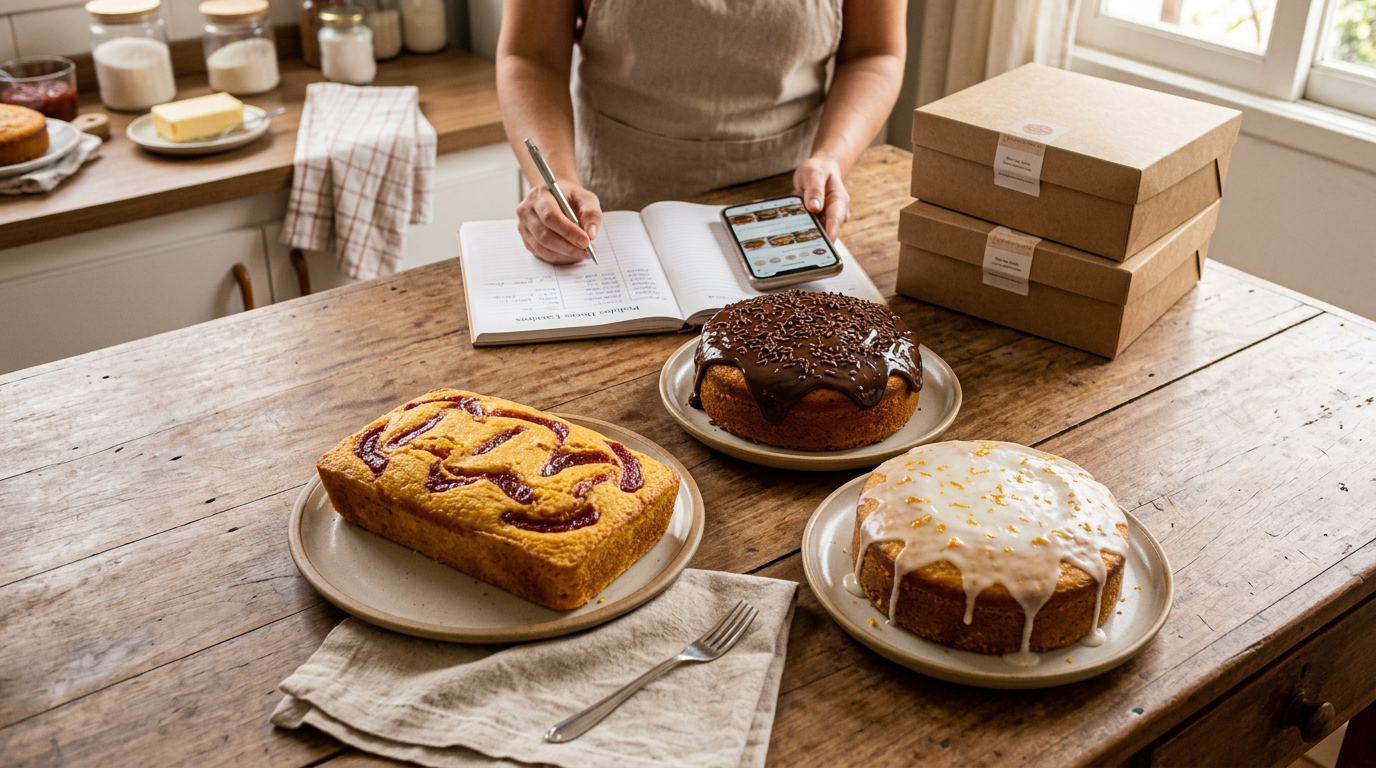 Mesa rústica com bolos caseiros variados (fubá, cenoura, laranja) e mãos de empreendedora manuseando pedidos e embalagens, simbolizando um negócio de confeitaria doméstica lucrativo.