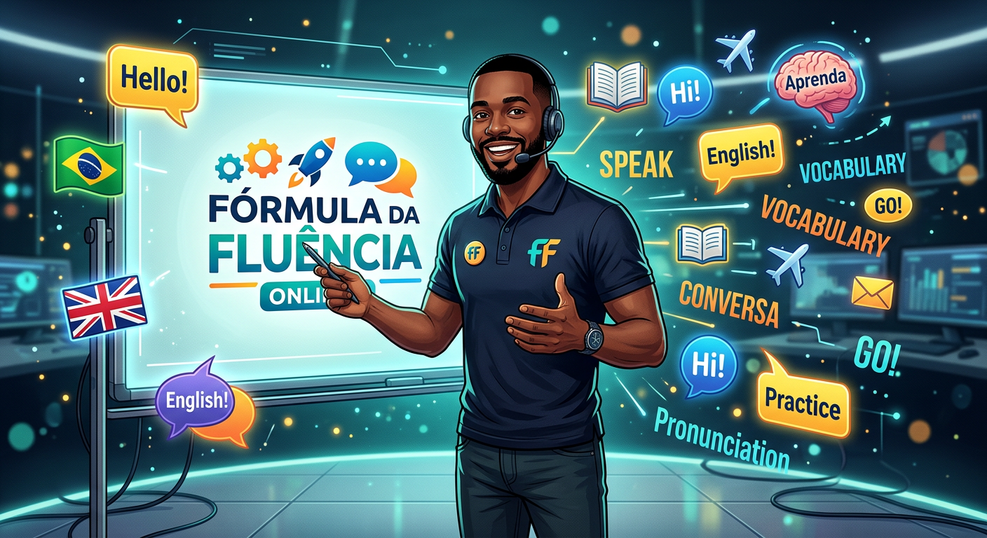 Caio R. apresentando o curso Fórmula da Fluência em um cenário digital com ícones de inglês