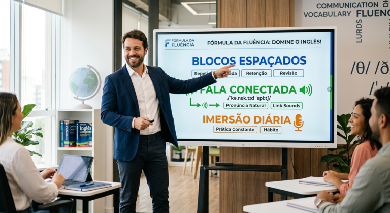 Caio R apresentando o curso Fórmula da Fluência em um ambiente de ensino moderno