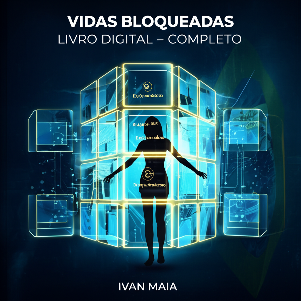 Capa digital do e‑book Vidas Bloqueadas, com figura humana rompendo nove blocos translúcidos que simbolizam bloqueios emocionais.