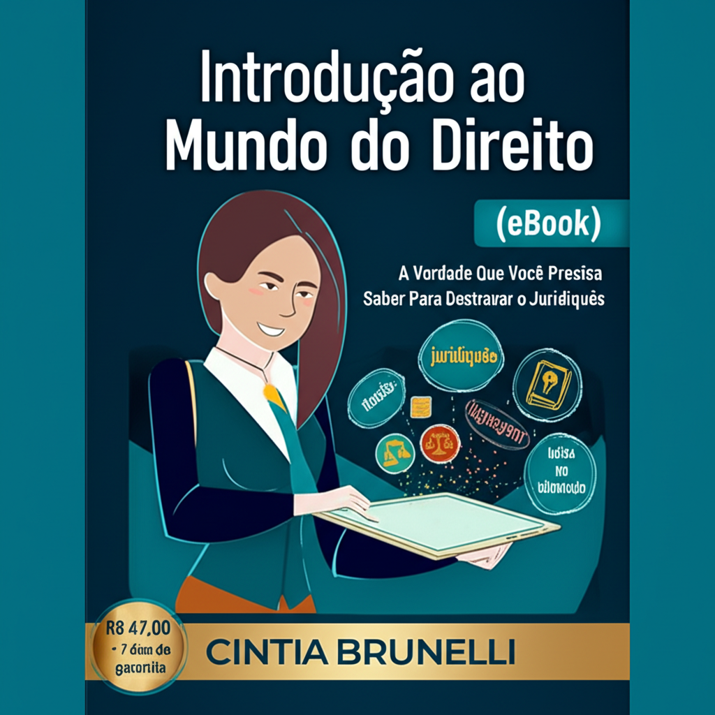 Capa do eBook 'Introdução ao Mundo do Direito' mostrando um estudante segurando um tablet que transforma símbolos jurídicos complexos em linguagem simples, com título e preço destacados.