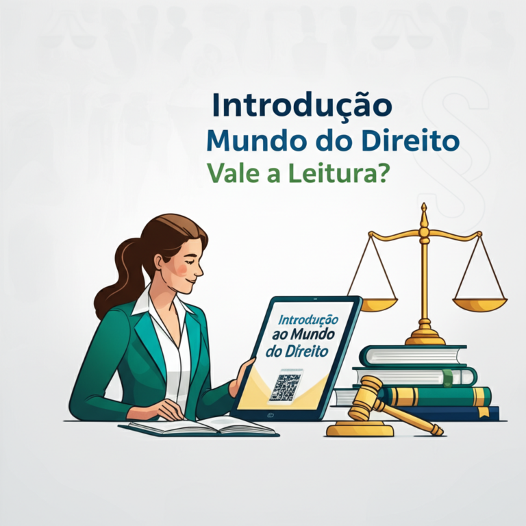Capa ilustrativa do eBook "Introdução ao Mundo do Direito" com estudante lendo em tablet, balança da justiça e livros de direito ao fundo.