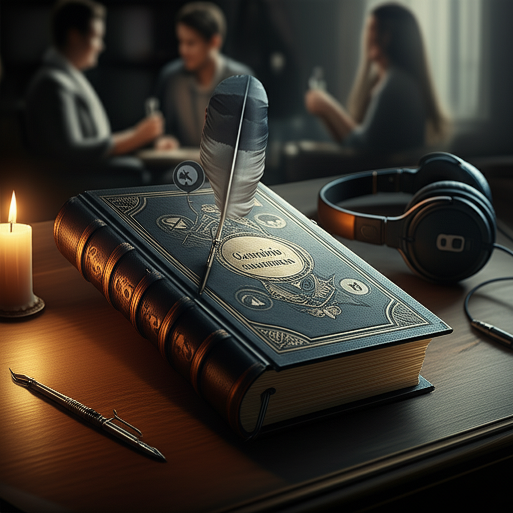 Capa aberta do Grimório Antifofista sobre mesa de madeira, com símbolos de virtudes e ícones de silêncio, iluminada por luz de vela.