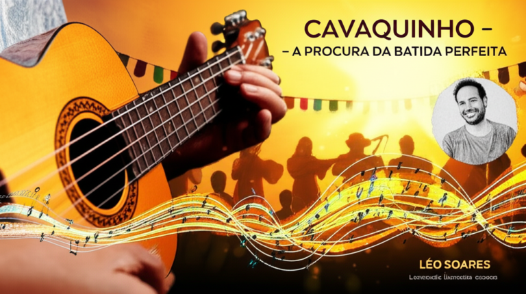 Close‑up of a hand playing a cavaquinho with musical notes and rhythmic waves, evoking Brazilian samba and pagode, with the course title and portrait of Léo Soares.