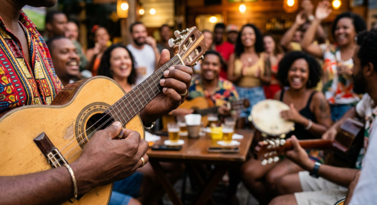 Mãos tocando um cavaquinho com ritmo de pagode em uma roda de samba animada.