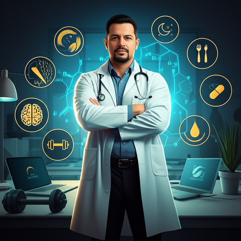 Ilustração de Dr. Alessandro Loiola em laboratório, cercado por ícones de sono, dieta, treino, mente, estresse e vitaminas, com molécula de testosterona ao fundo.