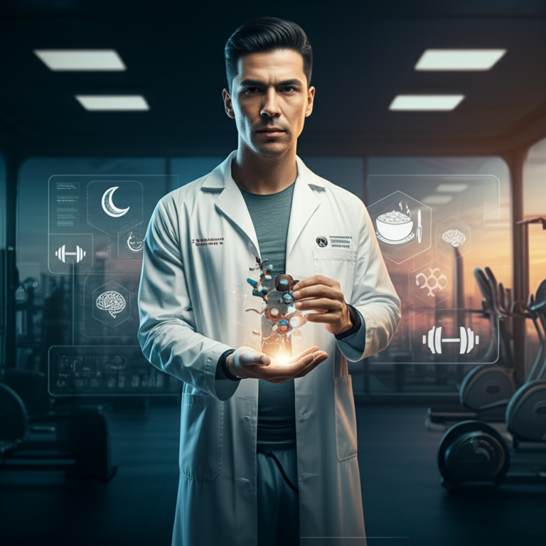 Ilustração de Dr. Alessandro Lemos Passos Loiola apresentando o método Clube da Testo, cercado por ícones de sono, dieta, treino, mente, estresse e vitaminas.