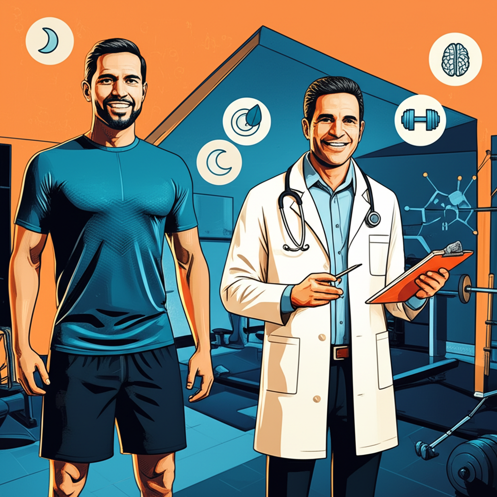 Ilustração de um homem moderno ao lado de um médico, com ícones de sono, alimentação, treino e mentalidade, representando o programa Clube da Testo de Alessandro Loiola.