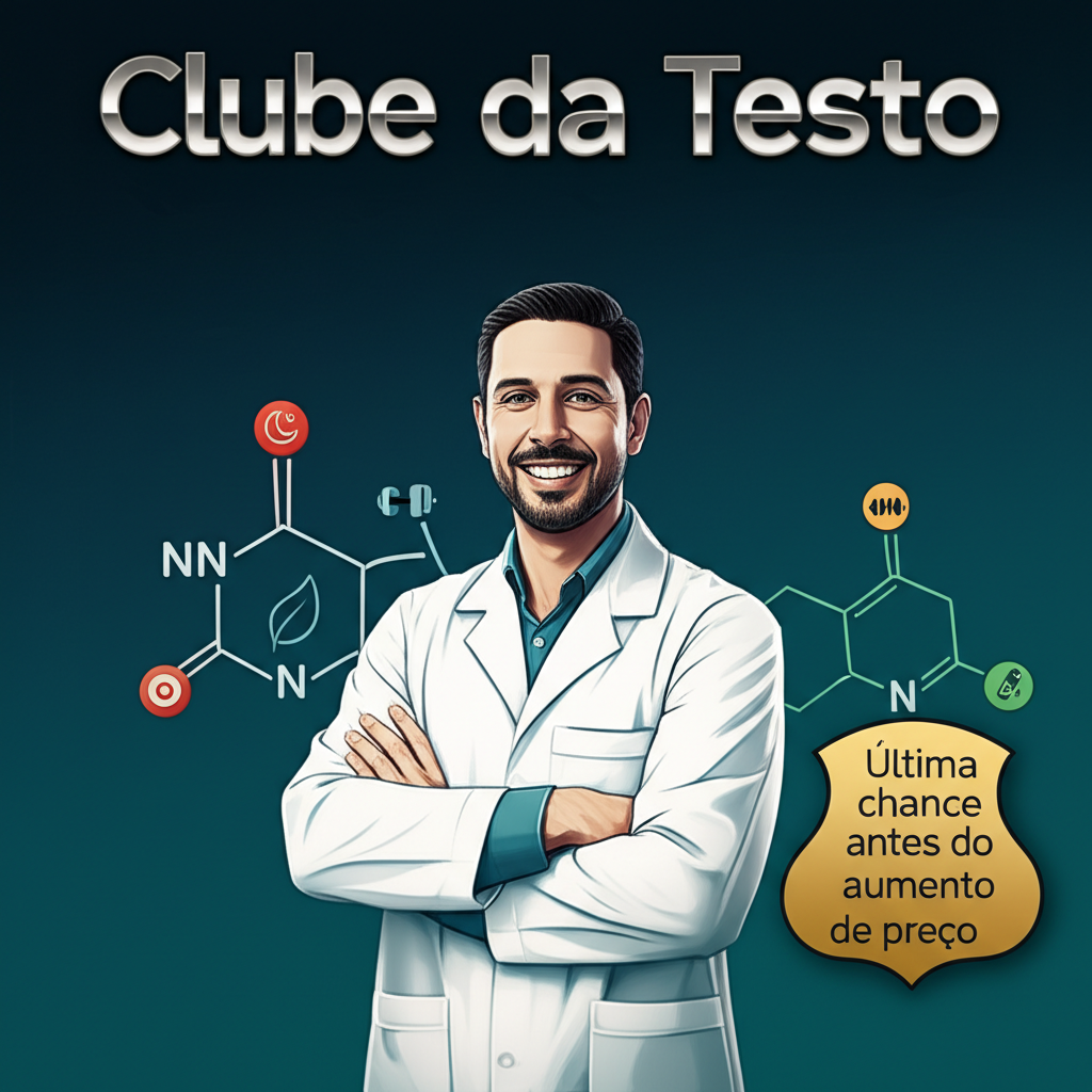 Ilustração de Dr. Alessandro Loiola ao lado de ícones de sono, nutrição, treino, manejo de estresse e vitaminas, representando o Clube da Testo.