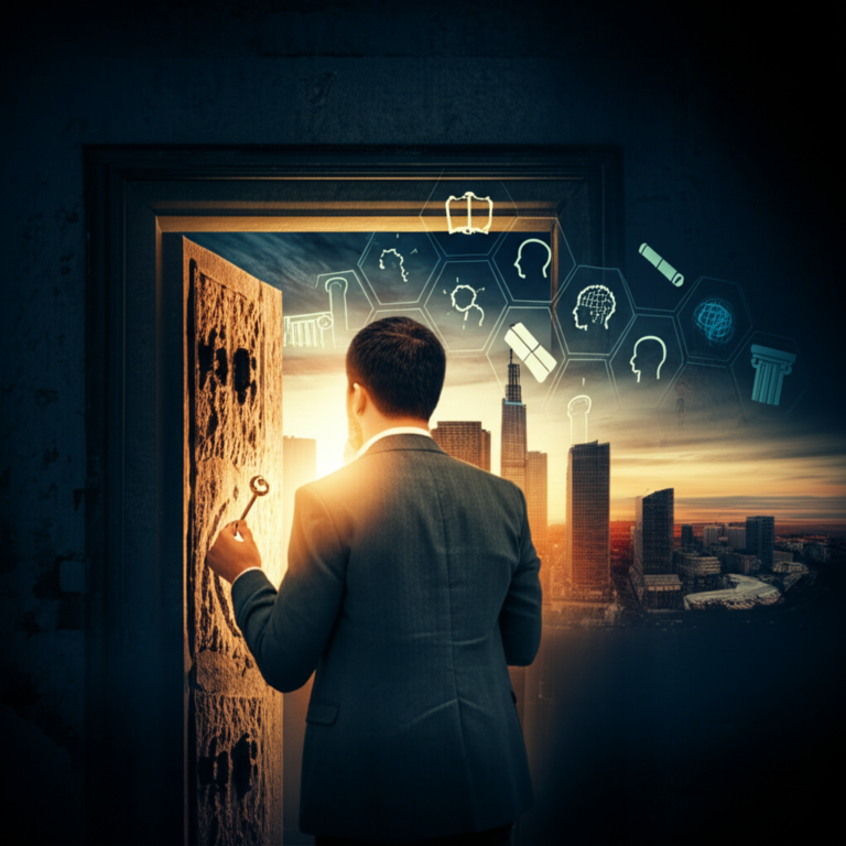 Titio Bernardo segurando uma chave luminosa diante de uma porta antiga, simbolizando o Código da Coragem e a abertura de novas oportunidades.