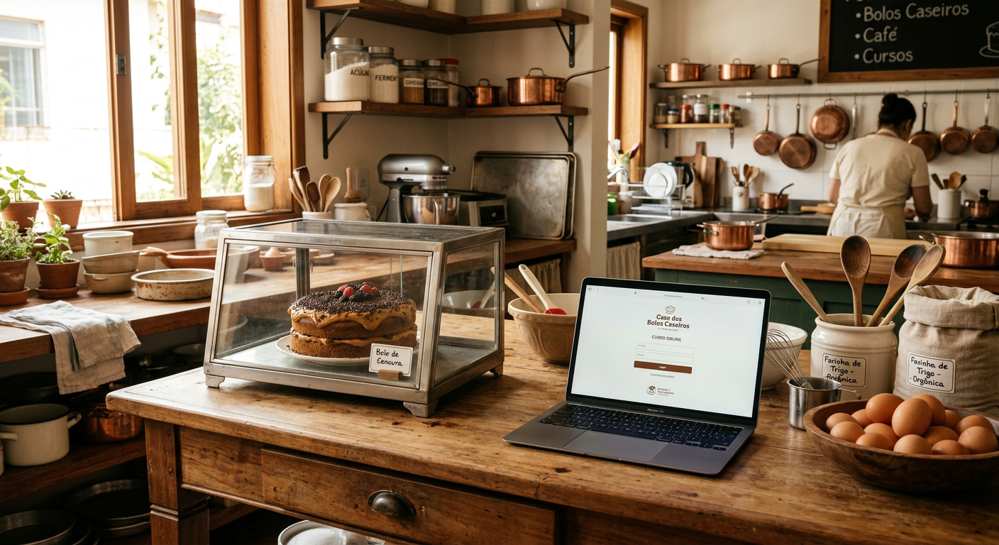 Interior de uma cozinha de confeitaria caseira com balcão de madeira, bancada com bolo em vitrine, laptop exibindo página de login do curso, ingredientes e utensílios ao redor, luz natural e atmosfera acolhedora