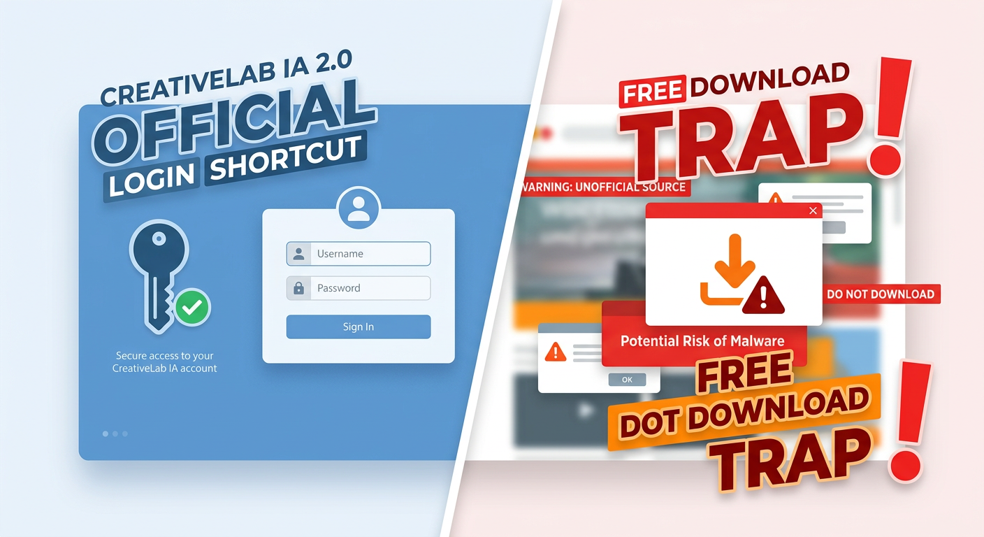 Ilustração comparativa entre o atalho de login oficial e a armadilha do download gratuito do CreativeLab IA 2.0