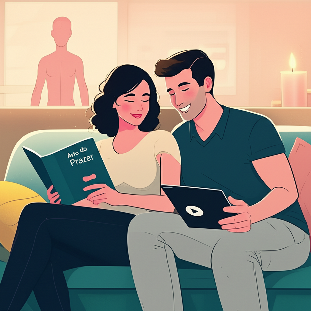 Ilustração educativa mostrando um homem e uma mulher conversando sobre o curso "Como Deixar Ela Louca na Cama" de Julia Santos, com elementos de anatomia e prazer em estilo suave.