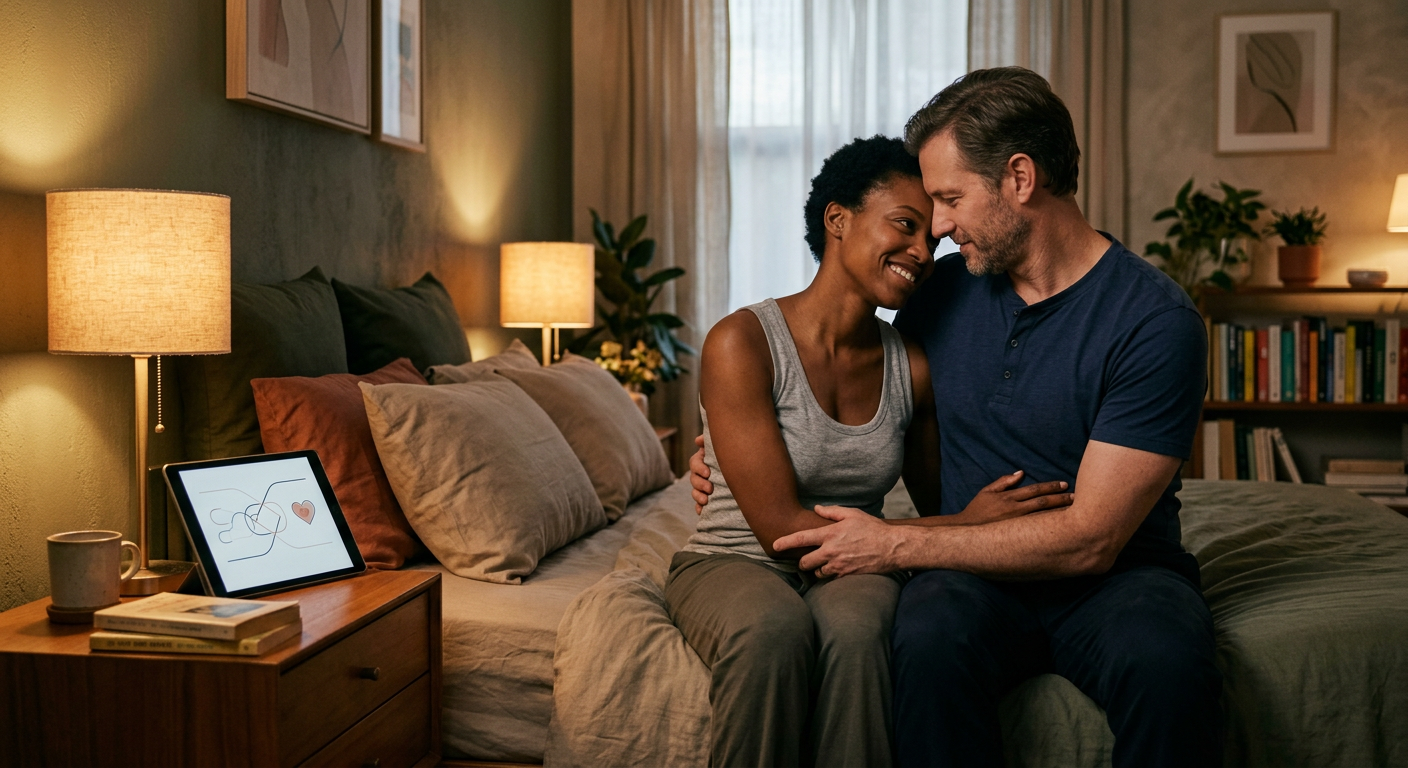 Casal sorridente e conectado em um ambiente íntimo, representando a confiança e o prazer aprendidos no Curso Julia Santos sobre sexologia e relacionamento.