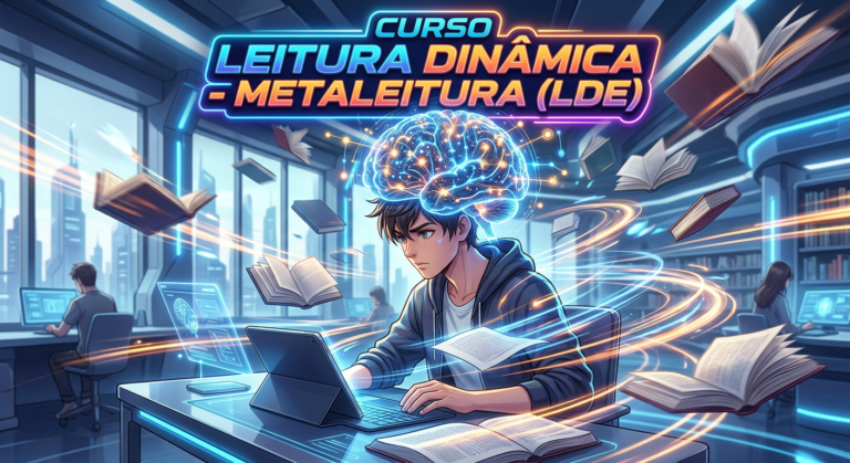 Imagem ilustrativa do Curso Leitura Dinâmica - Metaleitura (LDE) com estudante lendo rapidamente, linhas de velocidade e ondas cerebrais digitais.