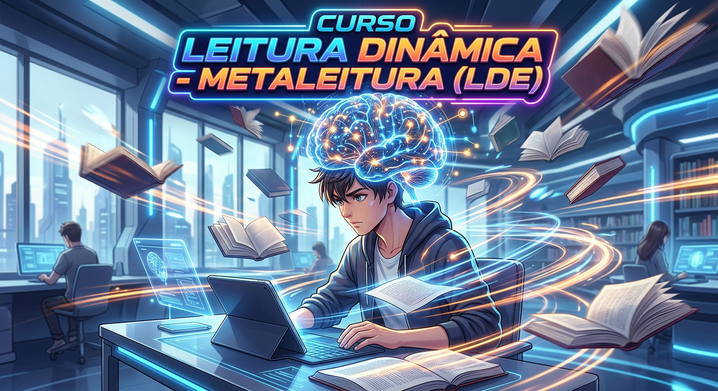 Imagem ilustrativa do Curso Leitura Dinâmica - Metaleitura (LDE) com estudante lendo rapidamente, linhas de velocidade e ondas cerebrais digitais.