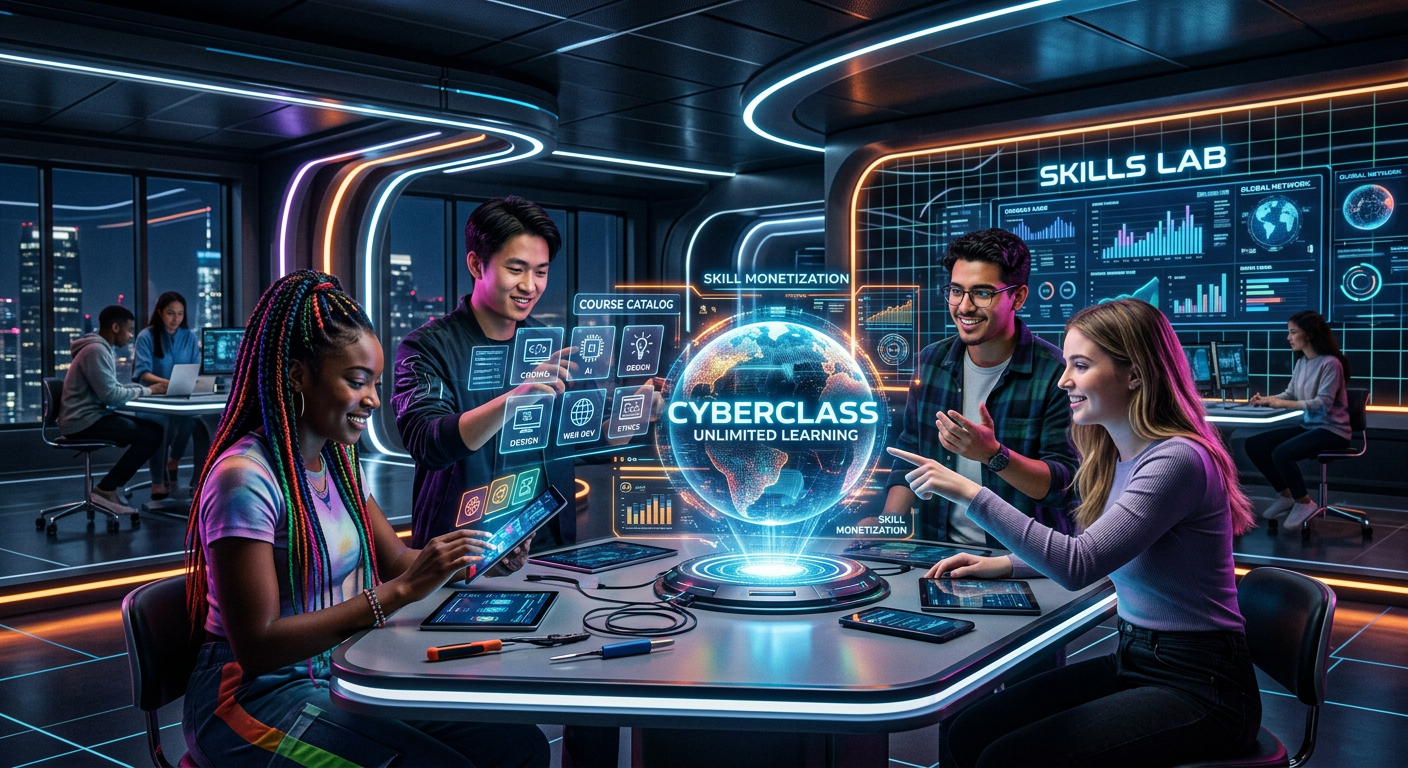 Ilustração de um ambiente de aprendizagem futurista com telas holográficas representando o CyberClass, plataforma de cursos online com acesso ilimitado