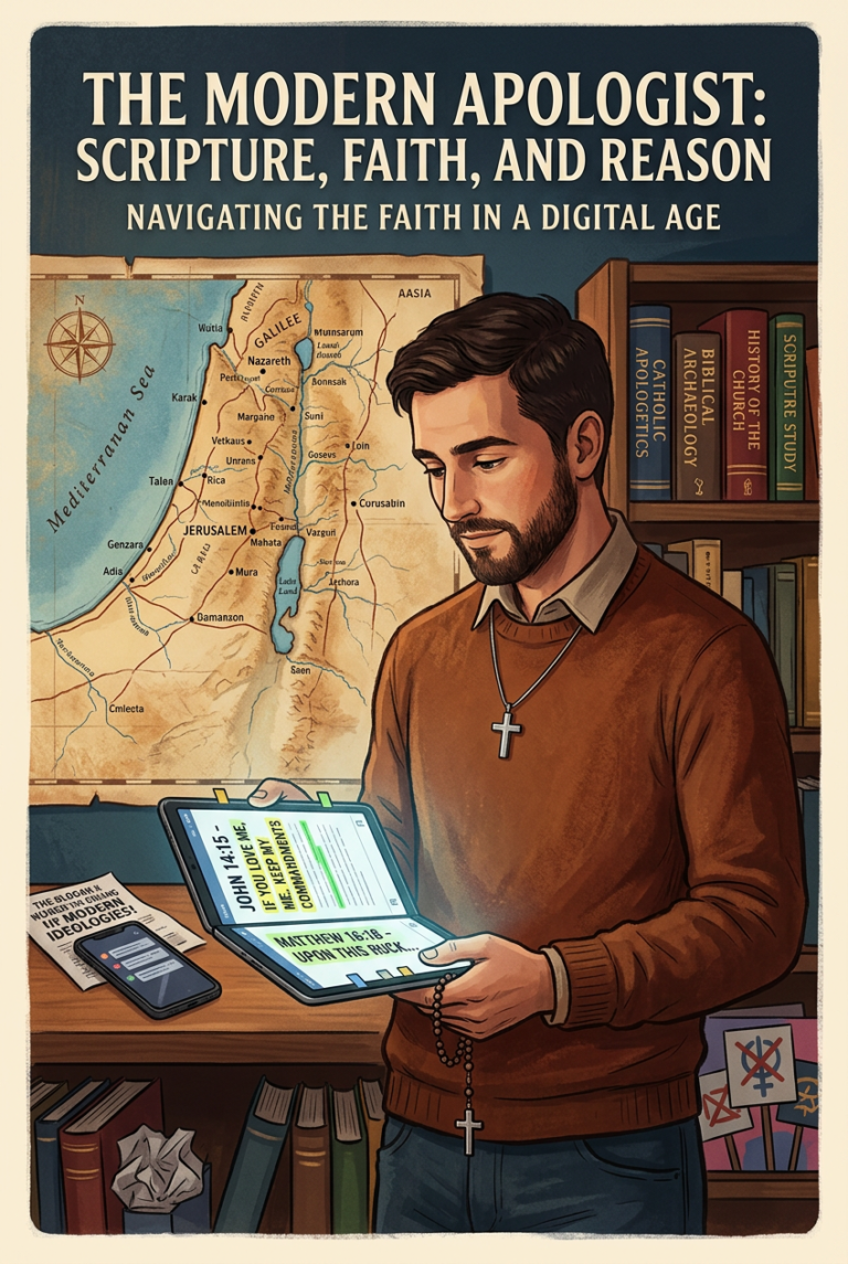 Digital tablet showing Bible verses against the backdrop of the Holy Land map, symbolizing the defense against modern heresies.