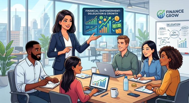 Gestor delegando tarefas financeiras em um ambiente corporativo moderno com gráficos de dinheiro e equipe colaborando