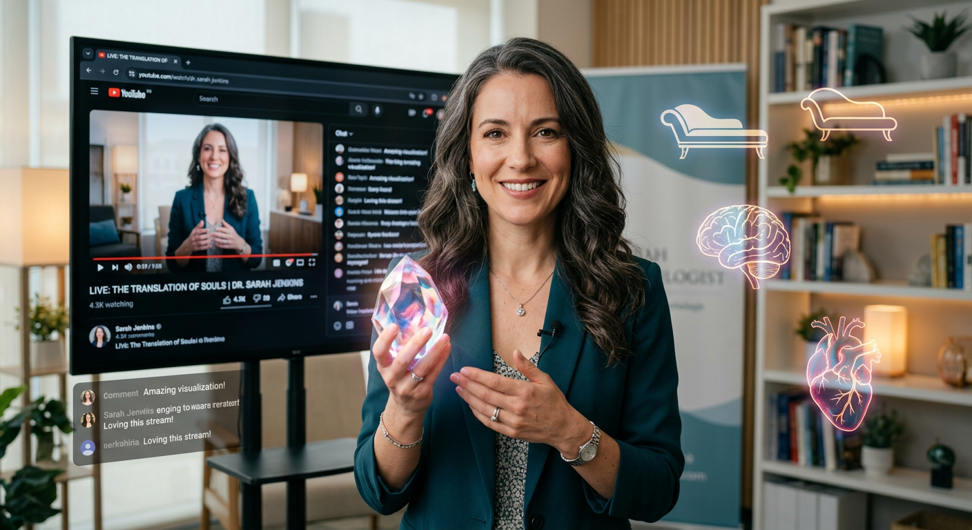 Dra. Andréa Vermont, psicóloga, em um estúdio iluminado, segurando um cristal translúcido que reflete cores vibrantes, simbolizando a tradução da alma