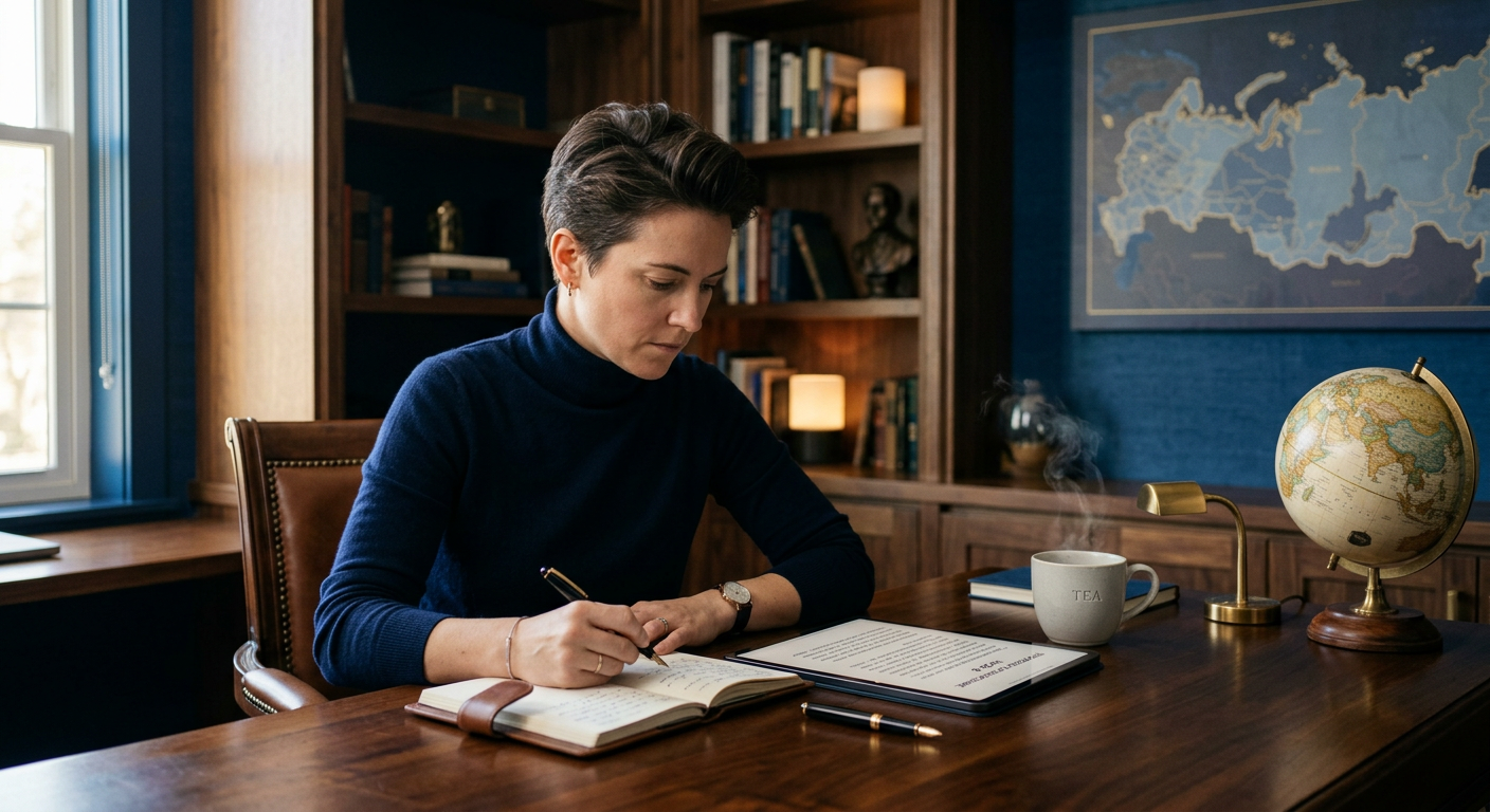Pessoa sofisticada estudando russo em um ambiente de estudo elegante com tons de azul profundo, destacando escrita cirílica e elementos de conhecimento.